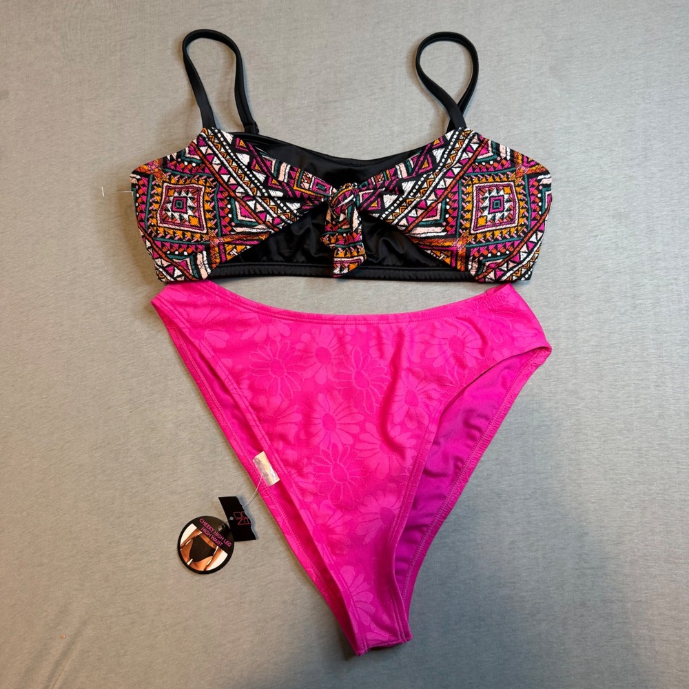 Beach Betty top No Boundaries Bikini Set Pink Geometric boho High Waist Large